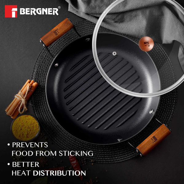 Odin Lightweight Iron 28cm Grill Pan with Glass Lid, Enamel Finish - Induction Bottom BG-34447-BK