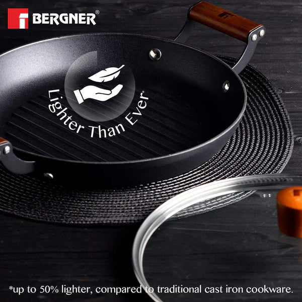 Odin Lightweight Iron 28cm Grill Pan with Glass Lid, Enamel Finish - Induction Bottom BG-34447-BK