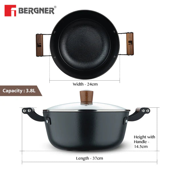 Odin Lightweight Iron Casserole with Glass Lid, Enamel Finish - Induction Bottom BG-34450-BK