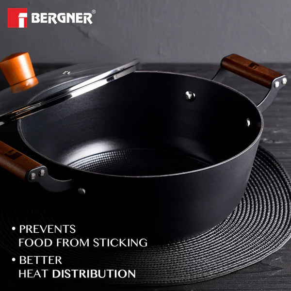 Odin Lightweight Iron Casserole with Glass Lid, Enamel Finish - Induction Bottom BG-34450-BK