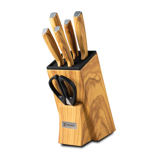Olive Garden Stainless Steel 7 Pcs Knife Set - Chef Knife, Santoku Knife, Carving Knife, Utility Knife, Paring Knife, Scissor with Wooden Block BG-39212