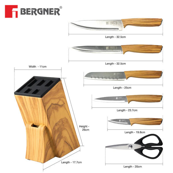 Olive Garden Stainless Steel 7 Pcs Knife Set - Chef Knife, Santoku Knife, Carving Knife, Utility Knife, Paring Knife, Scissor with Wooden Block BG-39212