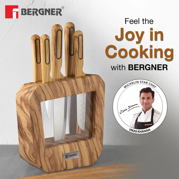 Olive Garden Stainless Steel 6 Pcs Knife Set - Chef Knife, Santoku Knife, Slicer Knife, Utility Knife, Paring Knife with Wooden Knife Block BG-39213