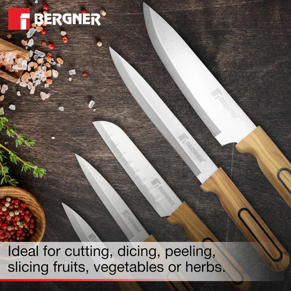 Olive Garden Stainless Steel 6 Pcs Knife Set - Chef Knife, Santoku Knife, Slicer Knife, Utility Knife, Paring Knife with Wooden Knife Block BG-39213