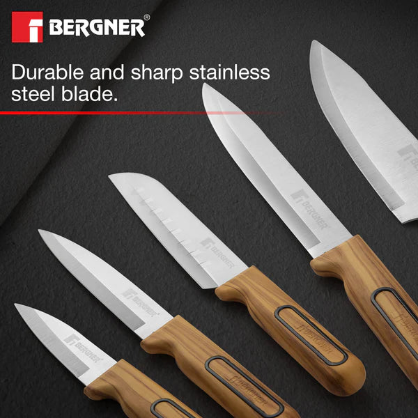 Olive Garden Stainless Steel 6 Pcs Knife Set - Chef Knife, Santoku Knife, Slicer Knife, Utility Knife, Paring Knife with Wooden Knife Block BG-39213