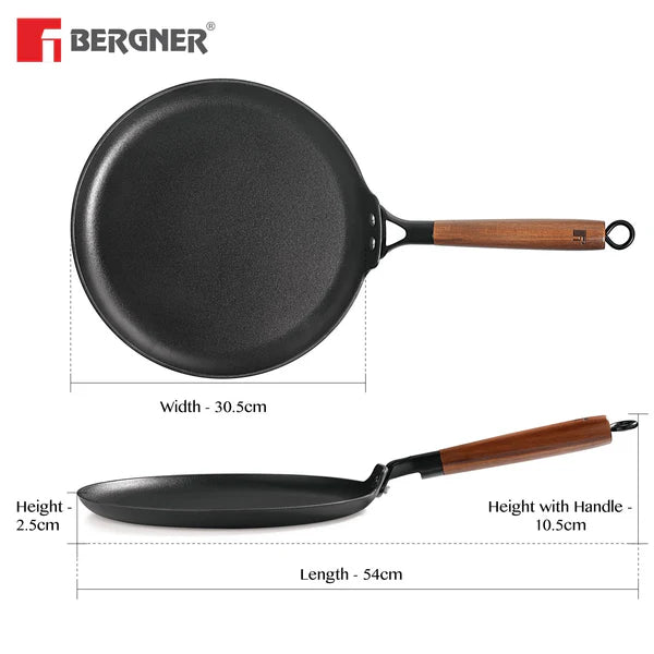 Odin Lightweight Iron Dosa Tawa with Wooden Coated Handle – Induction Bottom BG-34437-BK