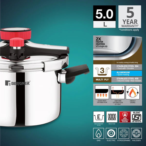 Capri Tri-Ply Pressure Cooker with Low and High Pressure Settings, Safety Lock BGIN-0620