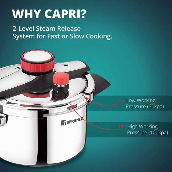 Capri Tri-Ply Pressure Cooker with Low and High Pressure Settings, Safety Lock BGIN-0620