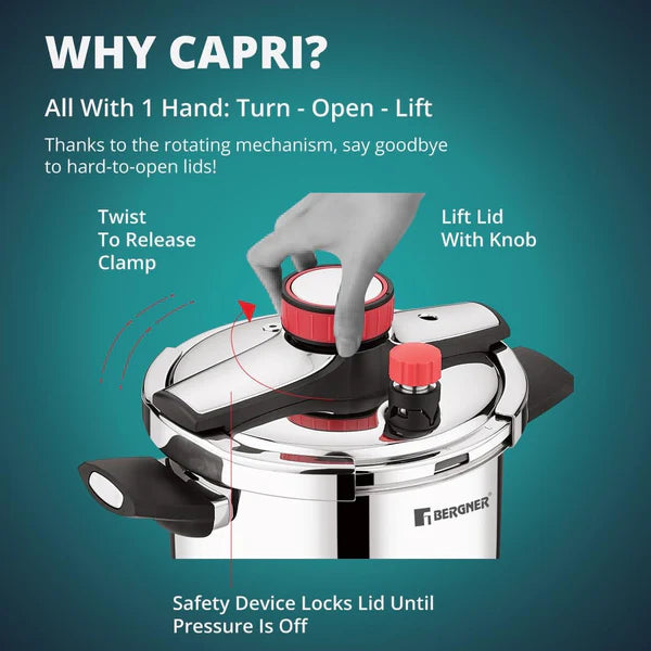 Capri Tri-Ply Pressure Cooker with Low and High Pressure Settings, Safety Lock BGIN-0620