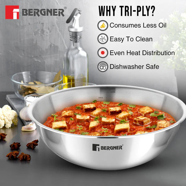 Argent Tri-Ply Stainless Steel 16cm Tasra without Lid, Less Oil Use - Induction Bottom  BGIN-1220