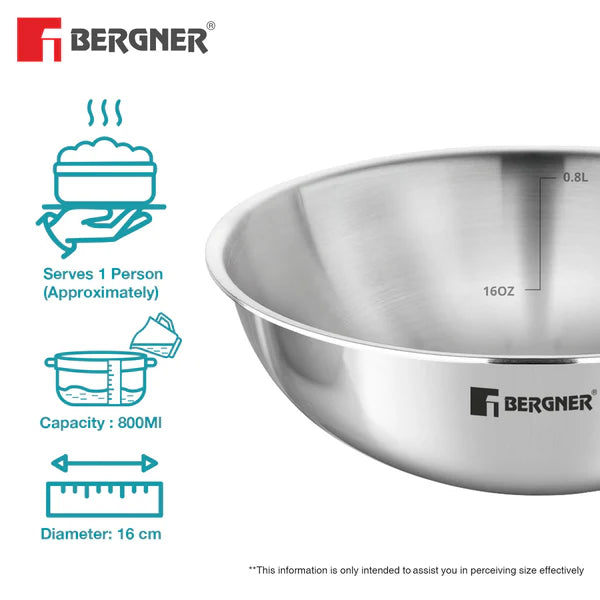 Argent Tri-Ply Stainless Steel 16cm Tasra without Lid, Less Oil Use - Induction Bottom  BGIN-1220