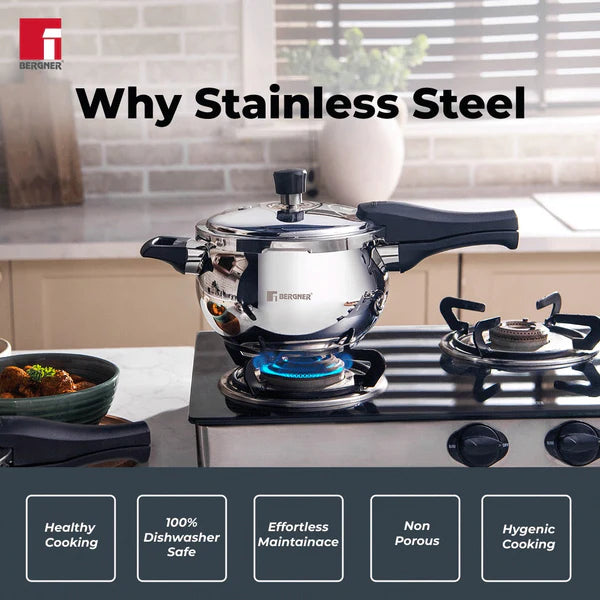3.5ltr Pura Stainless Steel Belly Shape Outer Lid Pressure Cooker, Tri-Ply Induction Bottom BGIN-1867