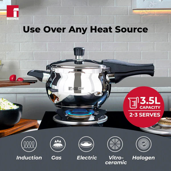 3.5ltr Pura Stainless Steel Belly Shape Outer Lid Pressure Cooker, Tri-Ply Induction Bottom BGIN-1867