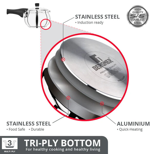 5.5L Pura Stainless Steel Belly Shape Outer Lid Pressure Cooker, Tri-Ply Induction Bottom  BGIN-1868