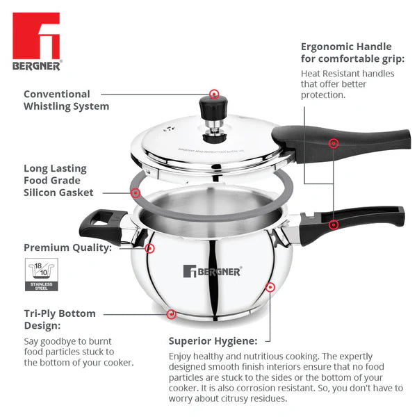 5.5L Pura Stainless Steel Belly Shape Outer Lid Pressure Cooker, Tri-Ply Induction Bottom  BGIN-1868