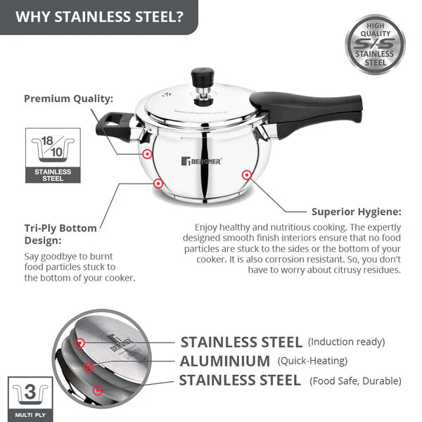 5.5L Pura Stainless Steel Belly Shape Outer Lid Pressure Cooker, Tri-Ply Induction Bottom  BGIN-1868