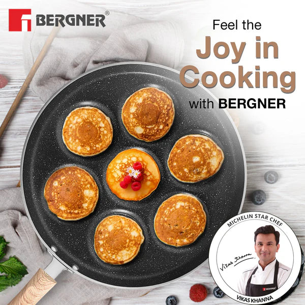 Bellini Plus Aura 5-Layer Non-Stick 7 PIT Uttapam Tawa with Wooden Finish Soft Touch Handle, PFOA Free, Durable - Gas Stove Ready BGIN-2218-BK