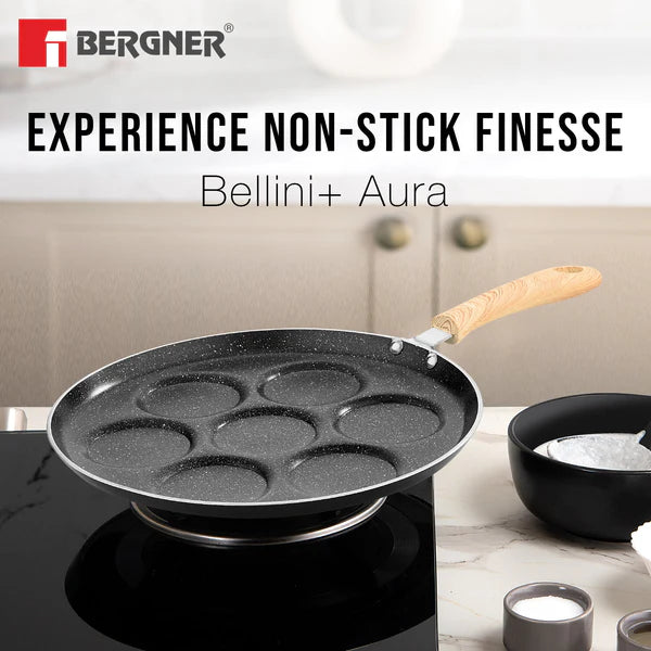 Bellini Plus Aura 5-Layer Non-Stick 7 PIT Uttapam Tawa with Wooden Finish Soft Touch Handle, PFOA Free, Durable - Gas Stove Ready BGIN-2218-BK