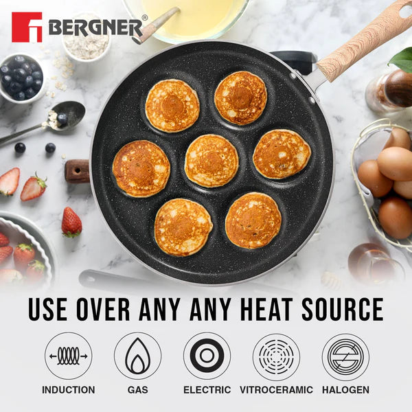 Bellini Plus Aura 5-Layer Non-Stick 7 PIT Uttapam Tawa with Wooden Finish Soft Touch Handle, PFOA Free, Durable - Gas Stove Ready BGIN-2218-BK