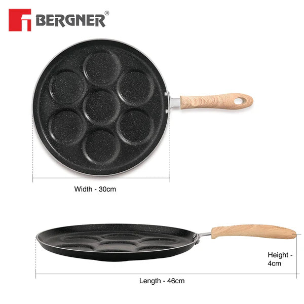 Bellini Plus Aura 5-Layer Non-Stick 7 PIT Uttapam Tawa with Wooden Finish Soft Touch Handle, PFOA Free, Durable - Gas Stove Ready BGIN-2218-BK