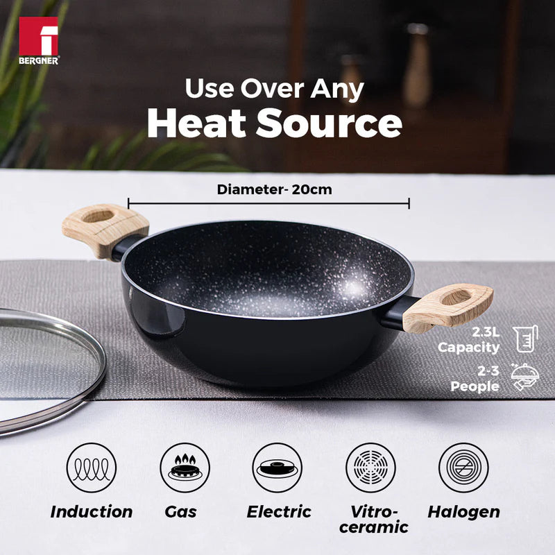 Bellini Plus Aura 5-Layer Non-Stick Kadai with Glass Lid, 20cm/2.3L, Induction Bottom-BGIN-31263-BK