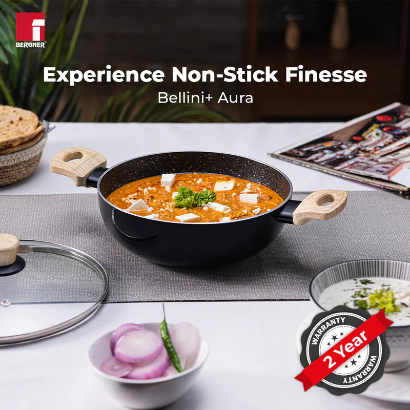 Bellini Plus Aura 5-Layer Non-Stick Kadai with Glass Lid, 20cm/2.3L, Induction Bottom-BGIN-31263-BK