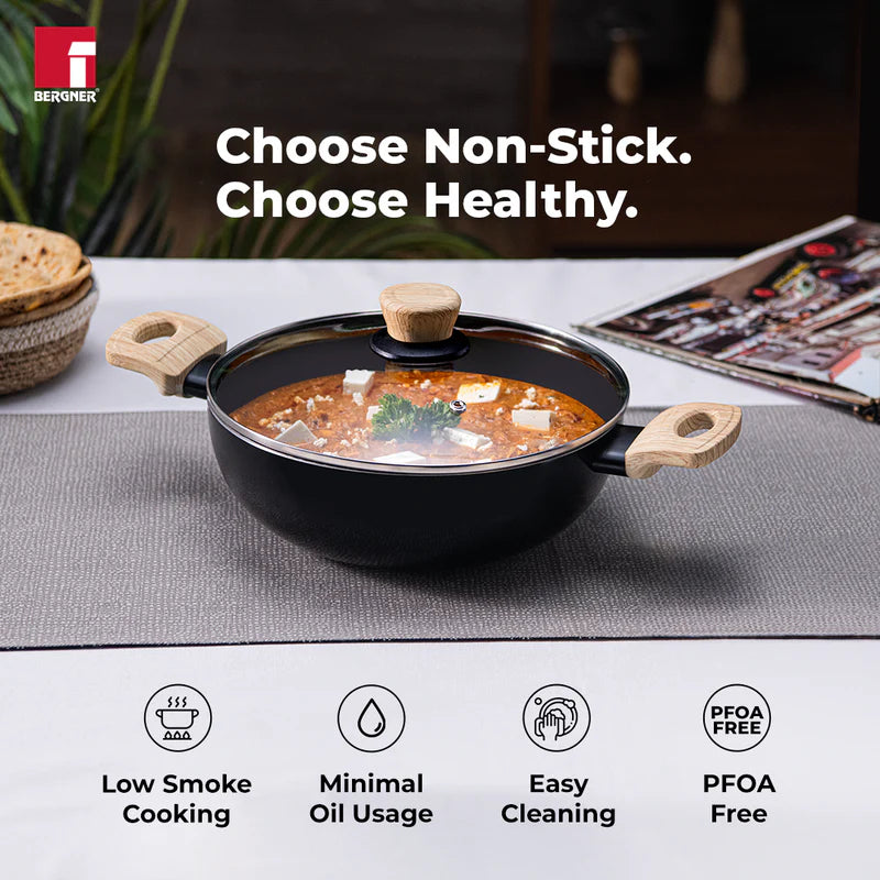Bellini Plus Aura 5-Layer Non-Stick Kadai with Glass Lid, 20cm/2.3L, Induction Bottom-BGIN-31263-BK