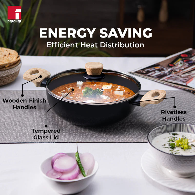 Bellini Plus Aura 5-Layer Non-Stick Kadai with Glass Lid, 20cm/2.3L, Induction Bottom-BGIN-31263-BK
