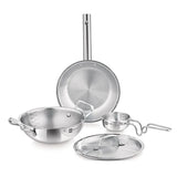 Bergner BE Essentials Tri-Ply Stainless Steel 4 Pcs Cookware Set - Kadai 22cm (2 L), Fry Pan 22cm (1.1 L), Tadka Pan 10cm, 1 Stainless Steel Lid Suitable for Kadai and frypan BGIN-6214