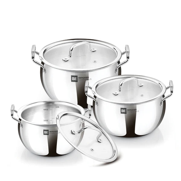 Bergner BE Essentials Tri-Ply Stainless Steel 3 Pcs Rice Handi Set with 3 Flat Glass Lids - Induction Bottom