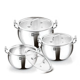 Bergner BE Essentials Tri-Ply Stainless Steel 3 Pcs Rice Handi Set with 3 Flat Glass Lids - Induction Bottom