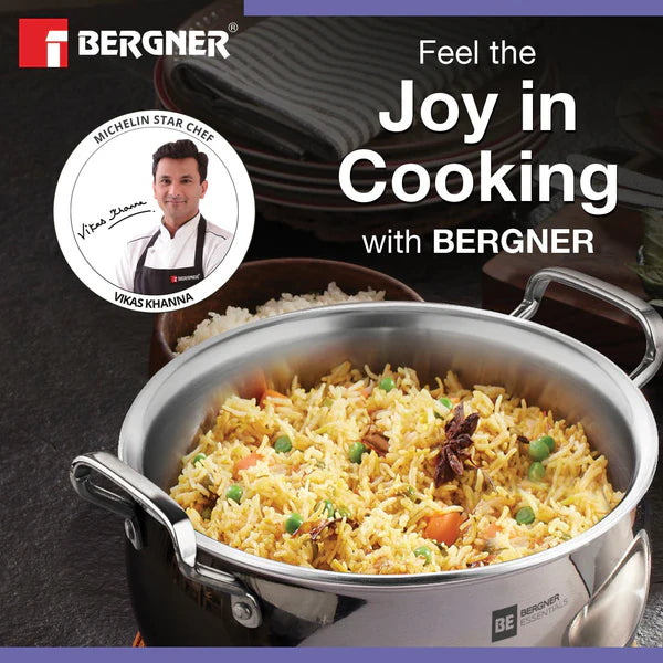 Bergner BE Essentials Tri-Ply Stainless Steel 3 Pcs Rice Handi Set with 3 Flat Glass Lids - Induction Bottom