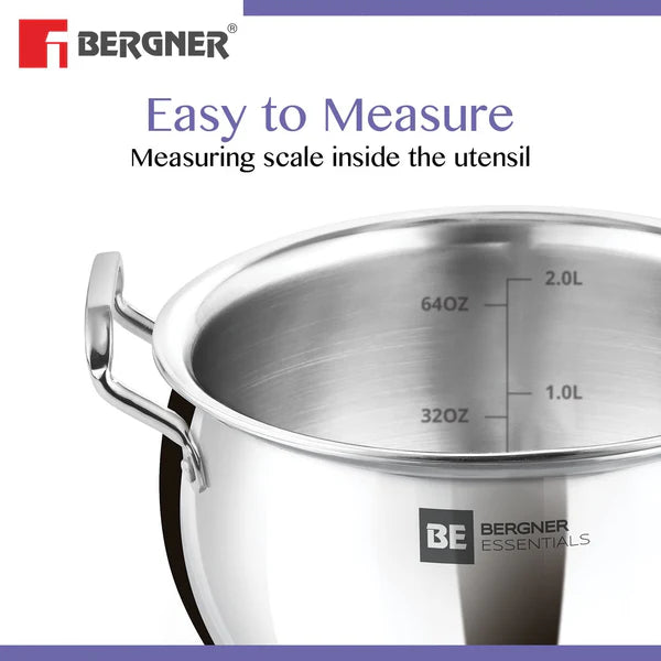 Bergner BE Essentials Tri-Ply Stainless Steel 3 Pcs Rice Handi Set with 3 Flat Glass Lids - Induction Bottom