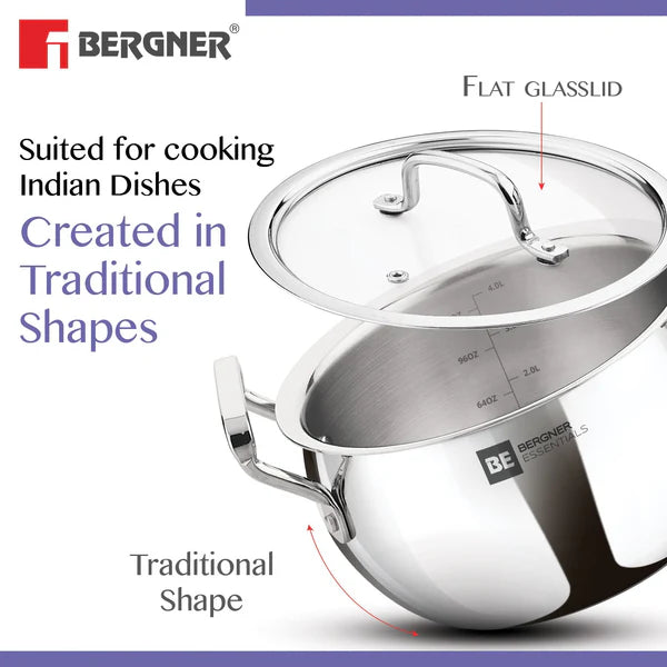 Bergner BE Essentials Tri-Ply Stainless Steel 3 Pcs Rice Handi Set with 3 Flat Glass Lids - Induction Bottom
