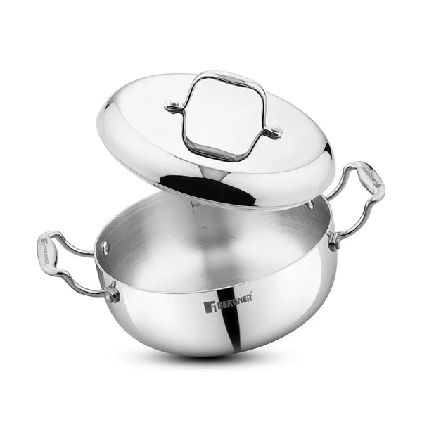 Argent Saiba Tri-Ply Stainless Steel Multi Purpose Casserole with Curved Shape Lid and Welded Cast Handles, Less Oil Cooking - Induction Bottom 22cm (3 L) BGIN-6402