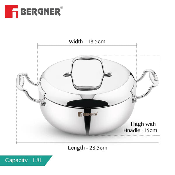 Argent Saiba Tri-Ply Stainless Steel Multi Purpose Casserole with Curved Shape Lid and Welded Cast Handles, Less Oil Cooking - Induction Bottom 1.8L  18cm BGIN-6401