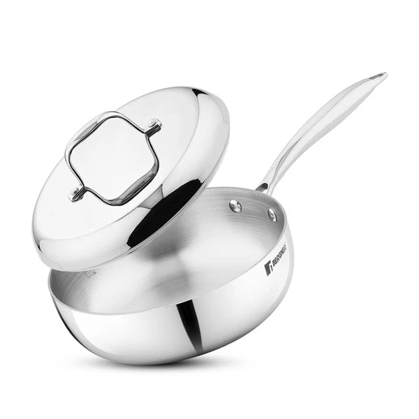 Argent Saira Tri-Ply Stainless Steel Multi Purpose Frypan with Curved Shape Lid and Welded Cast Handles, Less Oil Cooking - Induction Bottom 18cm BGIN-6404