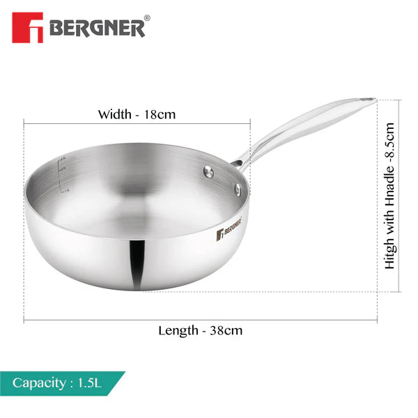 Argent Saira Tri-Ply Stainless Steel Multi Purpose Frypan with Curved Shape Lid and Welded Cast Handles, Less Oil Cooking - Induction Bottom 18cm BGIN-6404