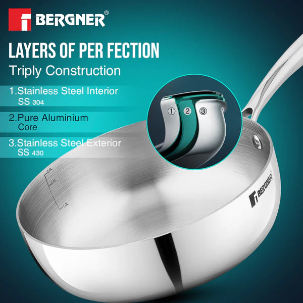 Argent Saira Tri-Ply Stainless Steel Multi Purpose Frypan with Curved Shape Lid and Welded Cast Handles, Less Oil Cooking - Induction Bottom 18cm BGIN-6404