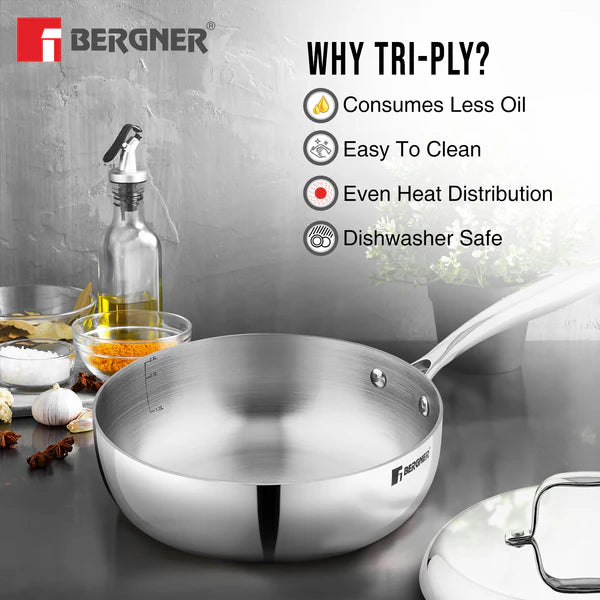 Argent Saira Tri-Ply Stainless Steel Multi Purpose Frypan with Curved Shape Lid and Welded Cast Handles, Less Oil Cooking - Induction Bottom 18cm BGIN-6404