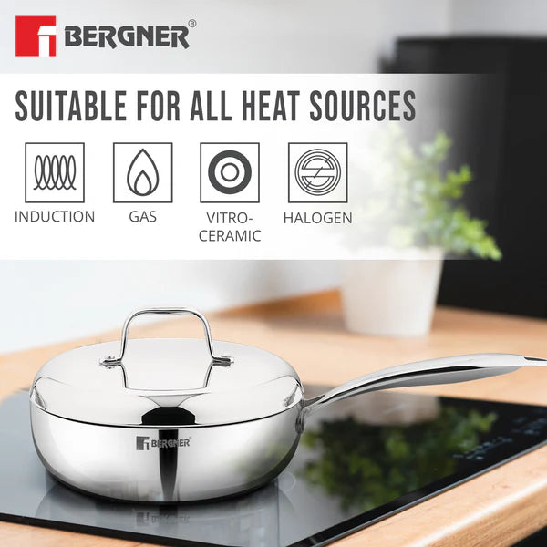 Argent Saira Tri-Ply Stainless Steel Multi Purpose Frypan with Curved Shape Lid and Welded Cast Handles, Less Oil Cooking - Induction Bottom 18cm BGIN-6404