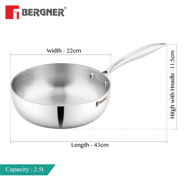 Argent Saira 2.5L Tri-Ply Stainless Steel Multi Purpose Frypan with Curved Shape Lid and Welded Cast Handles, Less Oil Cooking - Induction Bottom  BGIN-6405