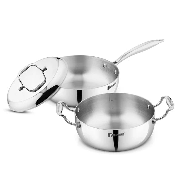 Argent Saira Saiba Tri-Ply Stainless Steel 3 Pcs Cookware Set - Multi Frypan and Casserole with Common Stainless Steel Lid, Less Oil Use - Induction BottomBGIN-6407
