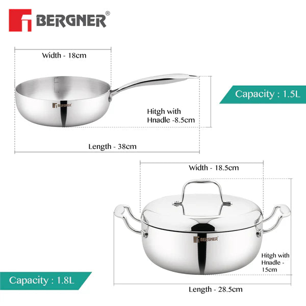 Argent 1.8L 18cm Saira Saiba Tri-Ply Stainless Steel 3 Pcs Cookware Set - Multi Frypan 1.5L 18.cm and Casserole with Common Stainless Steel Lid, Less Oil Use - Induction Bottom BGIN-6406