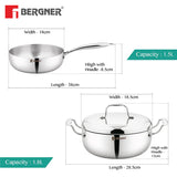 Argent 1.8L 18cm Saira Saiba Tri-Ply Stainless Steel 3 Pcs Cookware Set - Multi Frypan 1.5L 18.cm and Casserole with Common Stainless Steel Lid, Less Oil Use - Induction Bottom BGIN-6406