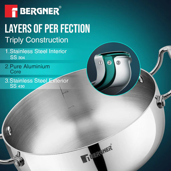 Argent Saira Saiba Tri-Ply Stainless Steel 3 Pcs Cookware Set - Multi Frypan and Casserole with Common Stainless Steel Lid, Less Oil Use - Induction BottomBGIN-6407