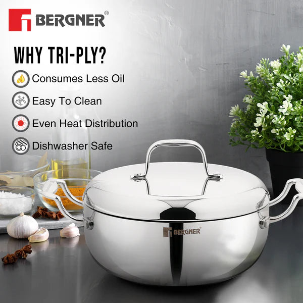 Argent Saira Saiba Tri-Ply Stainless Steel 3 Pcs Cookware Set - Multi Frypan and Casserole with Common Stainless Steel Lid, Less Oil Use - Induction BottomBGIN-6407