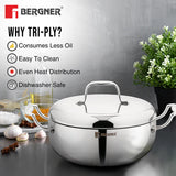 Argent Saira Saiba Tri-Ply Stainless Steel 3 Pcs Cookware Set - Multi Frypan and Casserole with Common Stainless Steel Lid, Less Oil Use - Induction BottomBGIN-6407