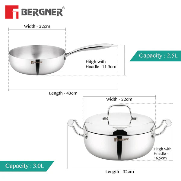 Argent Saira Saiba Tri-Ply Stainless Steel 3 Pcs Cookware Set - Multi Frypan and Casserole with Common Stainless Steel Lid, Less Oil Use - Induction BottomBGIN-6407