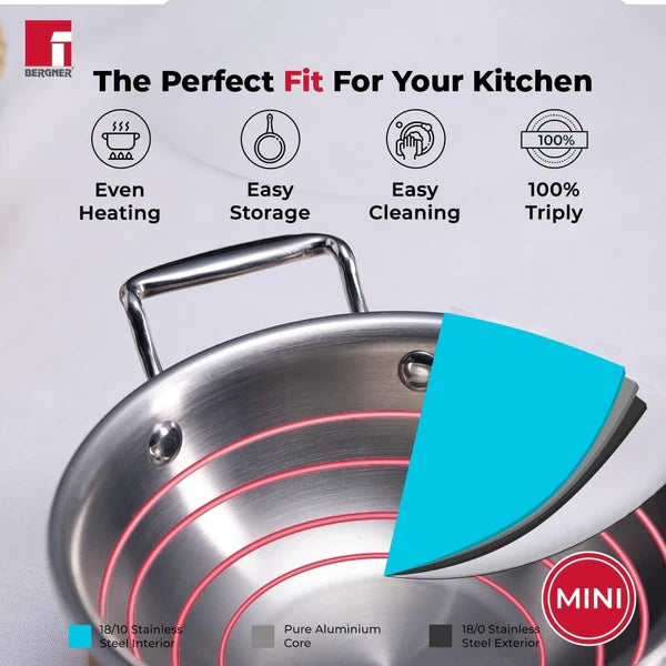 Argent Junior Chef Tri-Ply Stainless Steel Kadai with Stainless Steel Lid - Induction Bottom 16cm BGIN-6908